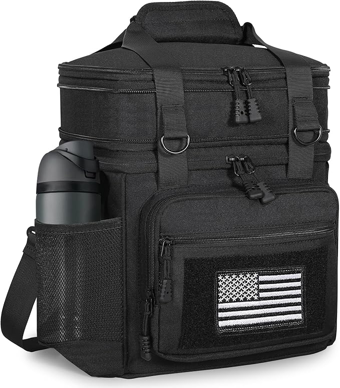 GLENKEY Tactical Lunch Box Cooler Bag - Expandable Insulated Lunch Bag for Men Women - Large Lunchbox for Adults Work Shifts Outdoor Trips Black with Flag 16L