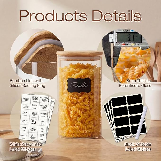 Extra Large Square Glass Flour & Sugar Storage Containers with Airtight Lids, 168 floz & 84 floz - 2 Pack Glass Jars with Bamboo Lids, Air tight Food Storage Containers for Cereal, Pasta, Rice