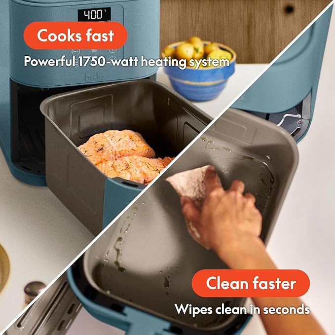bella 6 Qt Slim Air Fryer, Fits-anywhere™ Kitchenware, EverGood™ Ceramic Nonstick Coating, Adjustable Temperature, 6 Preset Cooking Options, 60 Min Auto Shutoff w Audible Tone, 5lb Capacity, Surf