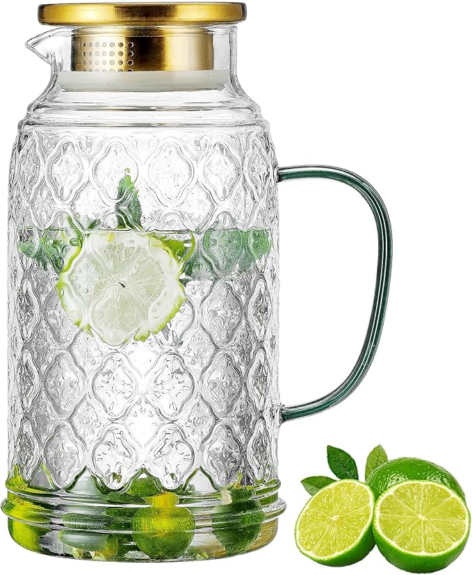 Buaic Glass Pitcher with Lid, 68 oz/2 Liter Vintage Water Pitcher, Clear Borosilicate Glass Water Carafe for Cold Brew, Coffee, Lemonade, Iced Tea, Juice, Beverage, Heat Resistant Water Glass Jug