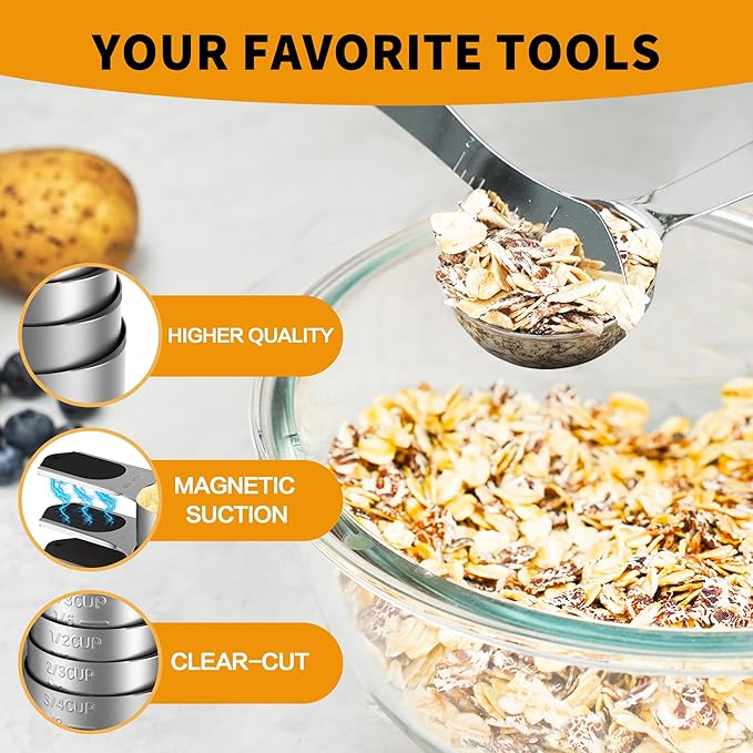 Measuring Cups and Spoons Set,304 Stainless Steel 5 Magnetic Measuring Cups and 8 Sigle Sided Measuring Spoons with 1 Leveler,Kitchen Gadgets for Cooking & Baking
