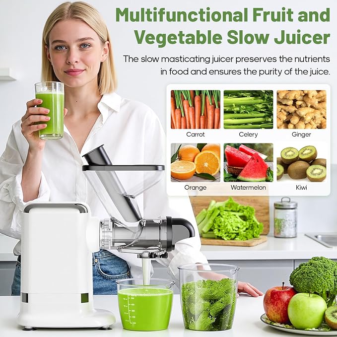GVODE Cold Press Juicer, Powerful Masticating Juicer with Dual Feed Chute, Electric Juicer with Pulp Separation, Countertop Juicer Machines, 75dB, 3 Mode Operations, Overheat Protection