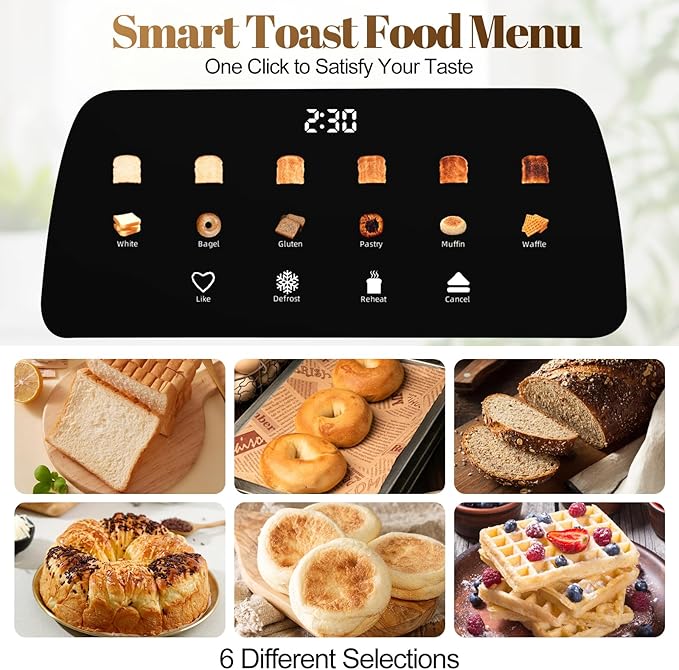 Tesslux 4 Slice Toaster with Touch Screen Control, 1.5" Wide Long Slots, 6 Browning Levels & 6 Bread Types, Digital Timer, Memory, Defrost, Reheat (WHITE)