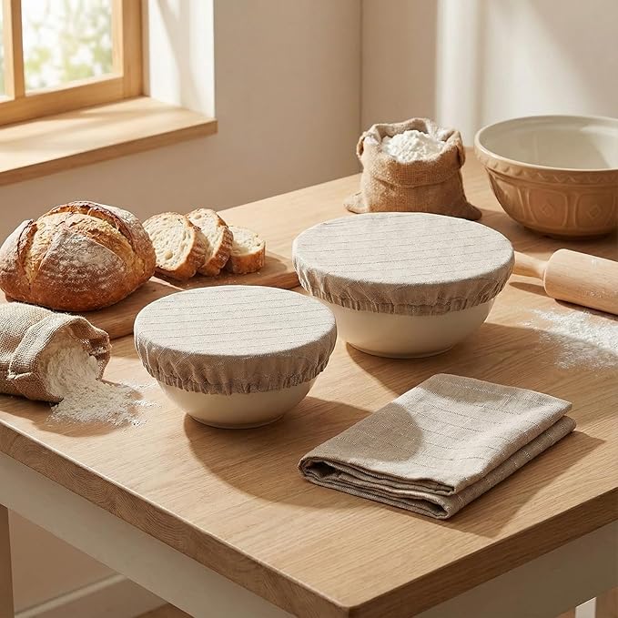 100% Pure Linen Bowl Covers For Bread Proofing, 2 Pcs 12 Inches Elastic Reusable Bowl Covers Large Ticking Striped Cloth Fabric Stretch Sourdough Lids