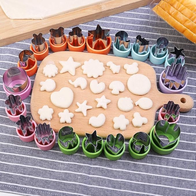 Vegetable Cutters Shapes Set, 20pcs Stainless Steel Mini Cookie Cutters, Vegetable Cutter and Fruit Stamps Mold + 20pcs Cute Cartoon Animals Food Picks and Forks -for Kids Baking and Food Supplement