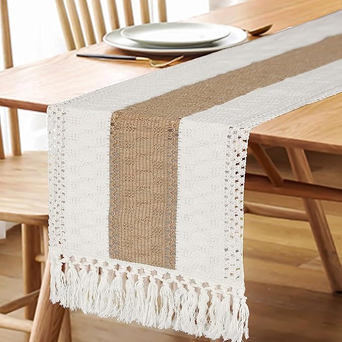 FEXIA Boho Table Runner 108 Inches Long for Christmas ThanksgivingHome Decor Farmhouse Table Runner Cream & Brown Rustic Macrame for Bohemian Dining Bedroom Decor Bridal Shower (12x108 Inches)