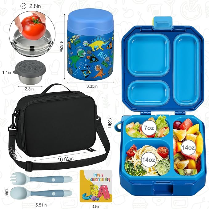 wiwens Bento Lunch Box for Kids with 12oz Soup Thermo Leak-Proof Lunch Food Container with 5 Compartment Thermo Hot Food Jar and Insulated Lunch Bag for Kid Toddler Girls Boys to School