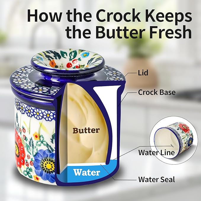 French Butter Crock with Lid for Countertop,Handpainted Floral Butter Keeper with Water Seal Line, Farmhouse Ceramic Butter Container Airtight for Soft Spreadable Butter,Housewarming Gifts