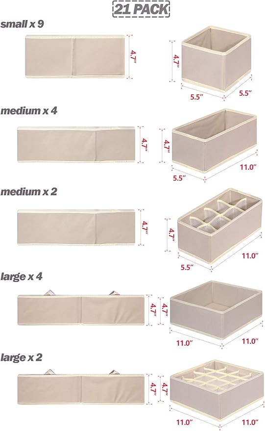 TENABORT 21 Pack Foldable Drawer Organizer Dividers Cloth Storage Box Closet Dresser Organizer Cube Fabric Containers Basket Bins for Underwear Bras Socks Panties Lingeries Nursery Baby Clothes Beige