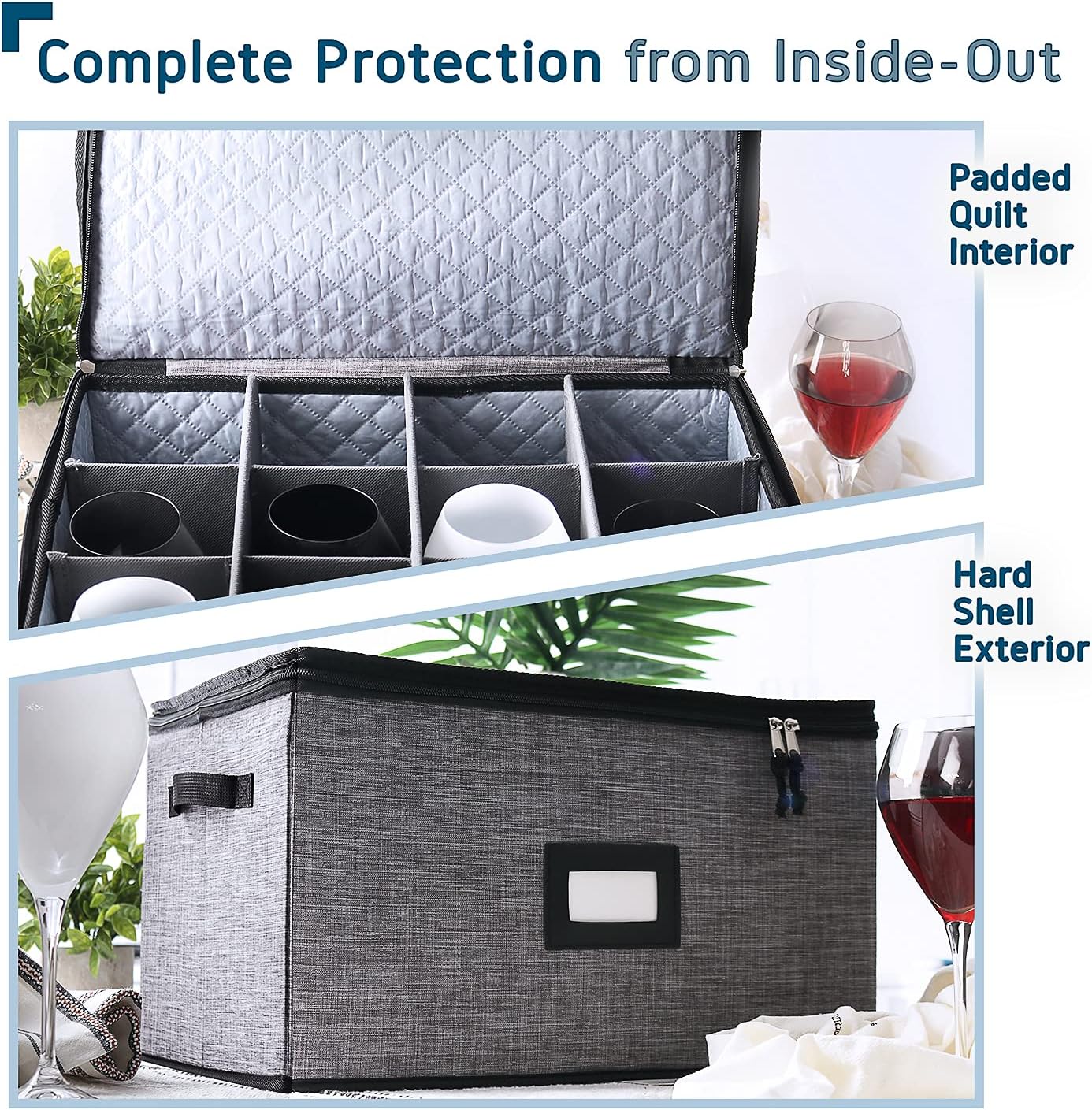 Wine Glass Storage Box with Dividers, 2 Pack Stackable Stemware Storage Cases, Service of 12 Glassware Storage Containers, Quilted China Storage Containers Hard Shell for Moving and Seasonal Storage