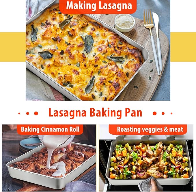 TeamFar Bakeware Sets of 7, Stainless Steel Bakeware Sets for Oven, Baking Sheet & Toaster Oven Pan, Square & Round Cake Pan, Muffin Pan & Loaf Pan, Lasagna Pan, Healthy & Sturdy, Dishwasher Safe