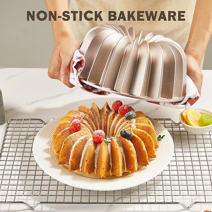 KITESSENSU Non-Stick Cake Pan, 9.5-Inch Aluminum Cake Mold, 8 Cup Fluted Heavy Duty Tube Pan, Durable Rust & Scratch-Resistant, Baking Mold for Jello, Gelatin, Chocoflan, Flan, French Wreath,Gold