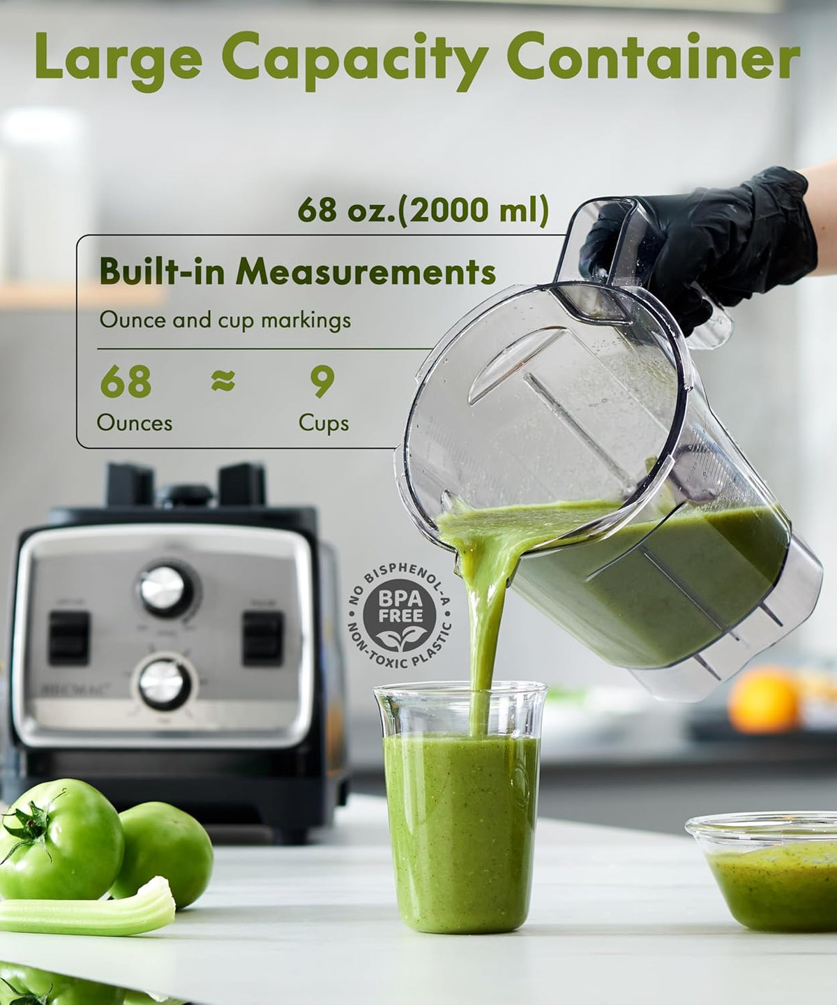 HECMAC 3-Peak HP Blender - 2200W Max/1400W Rated, 68oz BPA-Free Pitcher, Easy to Use, Self-Clean, Tamper - Smoothies, Ice Crush, Frozen Drinks, Food Prep - Home & Commercial, 110V