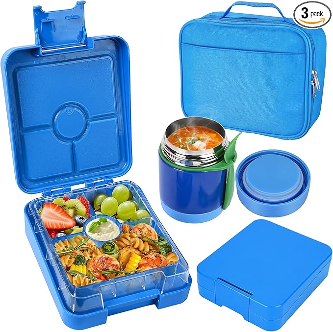Pawtong Bento Lunch Box Set With 10oz Soup Thermo, Leak-proof Lunch Containers with 4 Compartment, Kids Hot Thermo Food Jar/Insulation Lunch Bag, Food Containers for School （Blue）