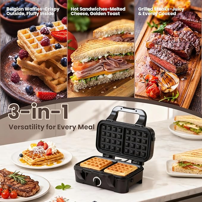 Waffle Maker with Removable Plates, 3-in-1 Sandwich maker and waffle and pancake maker, Nonstick Plates, 5-Level Browning Control & Ready Indicator Lights, Easy to Clean for Family Breakfast