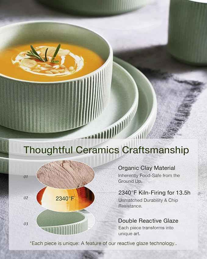 Famiware Star Stoneware Dinnerware Sets for 4 (16pcs), Chip Resistant, Microwave and Dishwasher Safe Complete Dishes, Pasta Bowl, Cereal Bowl, Dinner Plate, Salad Plate, Ribbed, Matte Sage Green