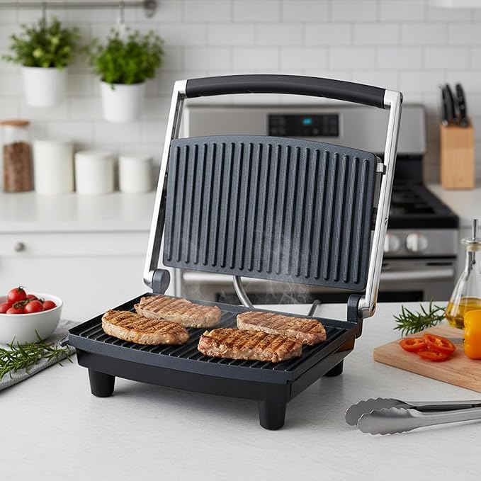 Panini Press Gourmet Grilled Cheese and Sandwich Maker - Electric Indoor Grill with Drip Tray for Healthy Cooking Options (Silver)