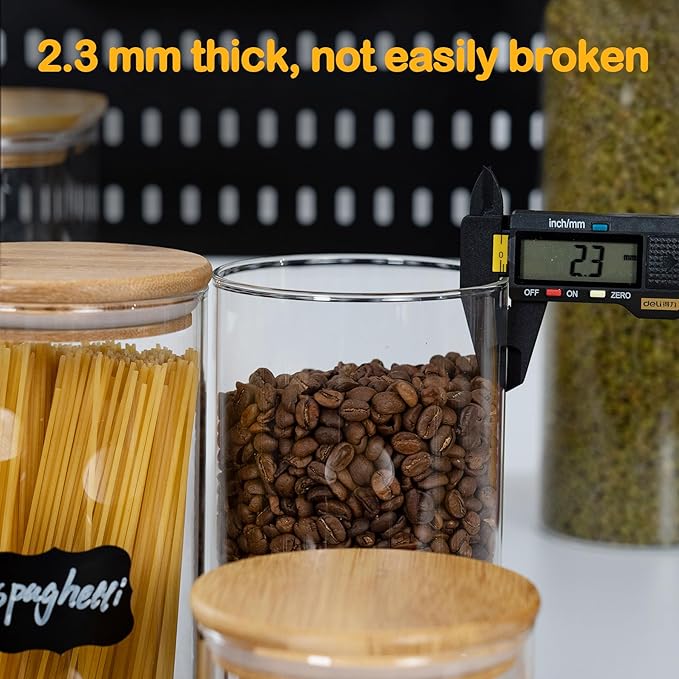 D2scrma 70oz Straight cylindrical Airtight Storage Jars with Bamboo Lid Set of 3 Storage Container Glass Jars, Kitchen Canister for Noodles, Pasta and Coffee beans (‎with Black Lable)