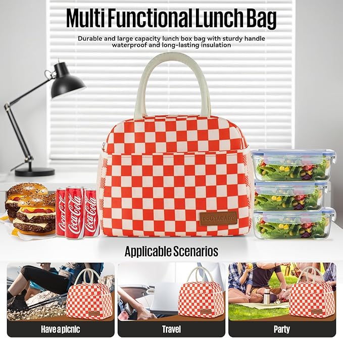 douyadady Lunch Bag Women/Men Lunch Box Women/Men (Red+Beige Checkerboard)