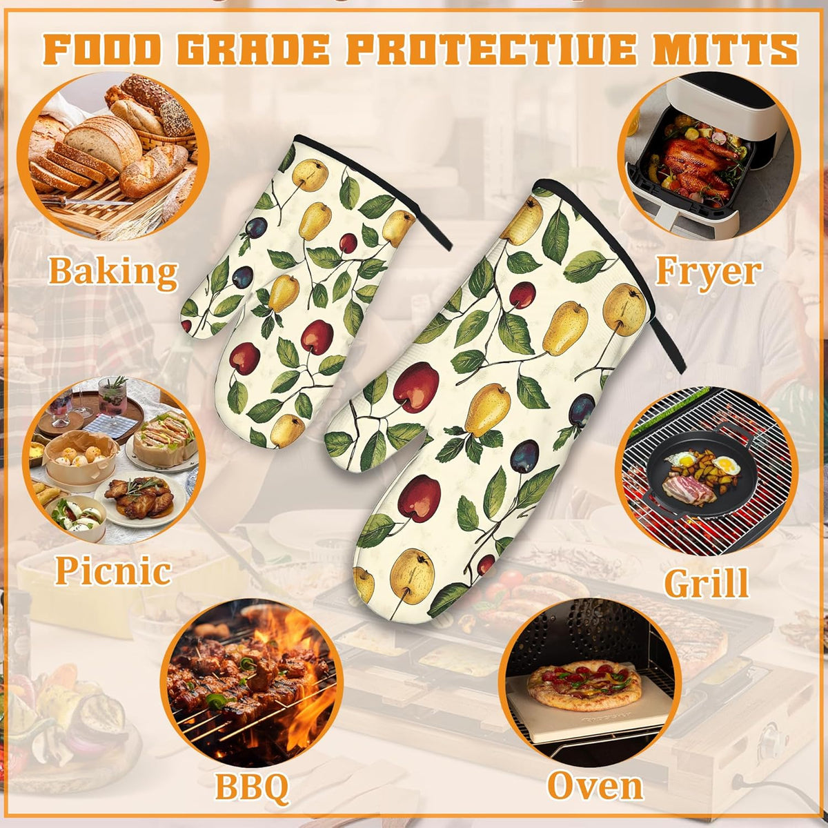 Retro Fruit Oven Mitts and Pot Holders Set,Cherry Kitchen Oven Gloves and Pot Holder with Heat Resistant Non Slip for Cooking Baking Grilling(4 Piece Set)