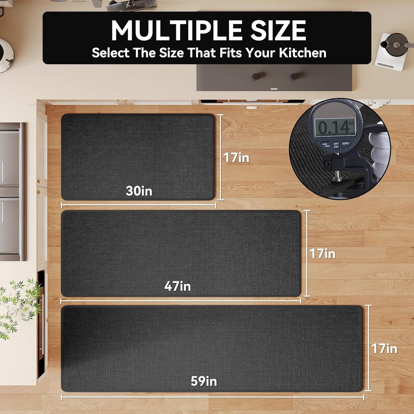 Kitchen mats for Floor Water and Oil Absorbent Runner Rugs for Kitchen, Kitchen Mat in Front of Sink,Non-Slip Kitchen Rugs,Durable Imitation Linen Kitchen Rug Black 17x30+17x47