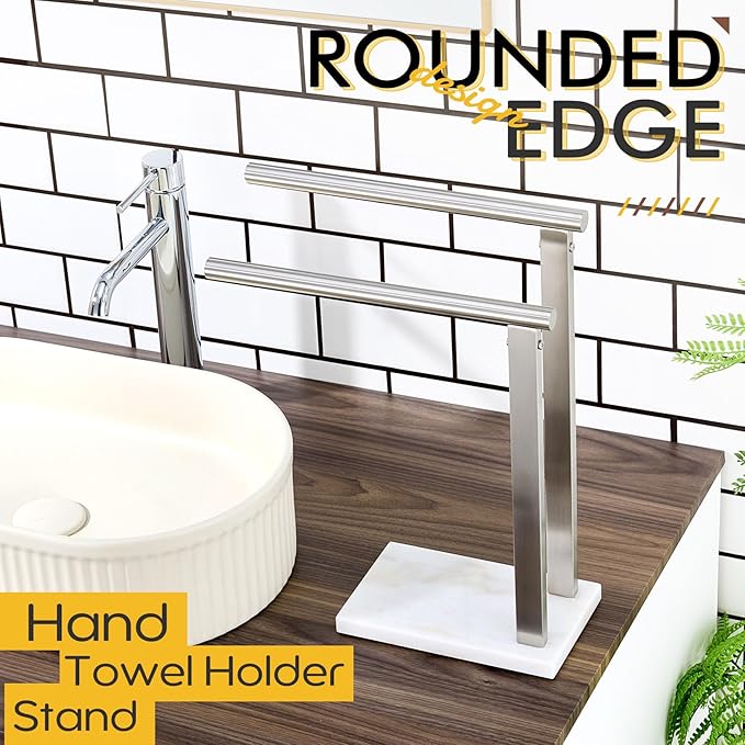 KOKOSIRI Hand Towel Holders Standing Towel Bars 2-Tier with Marble Base for Bathroom Vanity Countertop, Brushed Stainless Steel 15.7'' Height THS0007-BR