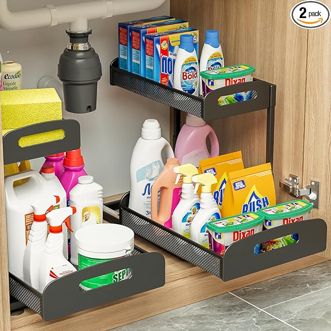 YASONIC 2 Pack Under Sink Organizer, 2 Tier Height Adjustable Kitchen Cabinet Organizer, Pull Out Metal Cabinet Shelf Organizer, Under the Sink Organizers and Storage for Kitchen & Bathroom, Black