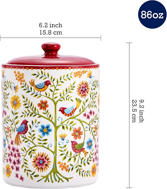 Bico Red Spring Bird Ceramic Air Tight 9 inch Cookie jar, for holding coffee, powder, tea, spices, Microwave and Dishwasher Safe