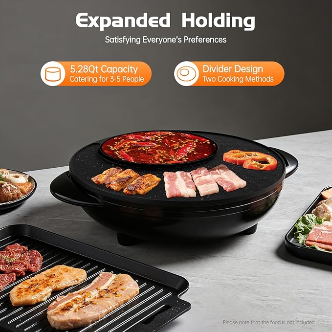 Hot Pot with Grill 2 in 1 Electric BBQ Grill Shabu Shabu Pot Non-Stick Smokeless Korean Barbecue Grill Indoor with Temp Control for 3-5 People Fast Heating