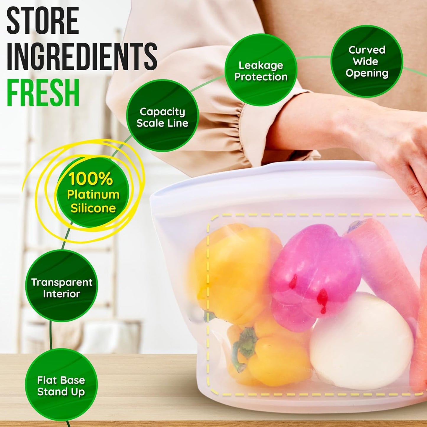 Reusable Silicone Food Storage Bags 3.6Cup (29oz), Airtight food Storage Containers Food Grade Silicone Snack Bags, BPA Free Food Storage Container, Microwave Safe, Sous Vide Container, Dry Rose