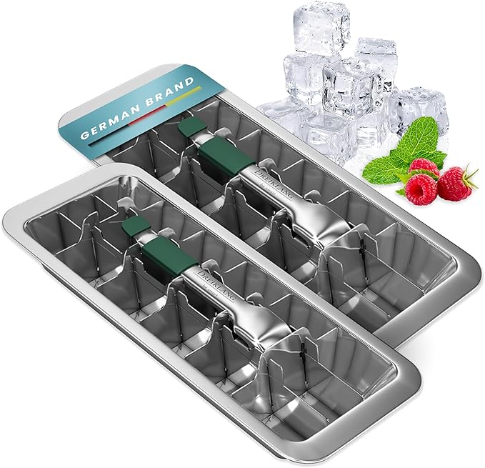 Stainless Steel Polished Set 2-Pack Ice Cube Tray for freezer Ice Cube Tray with Lever Insert |Easy Release with cold-insulated comfort grip | Food-Safe & Durable Ice Cube Maker