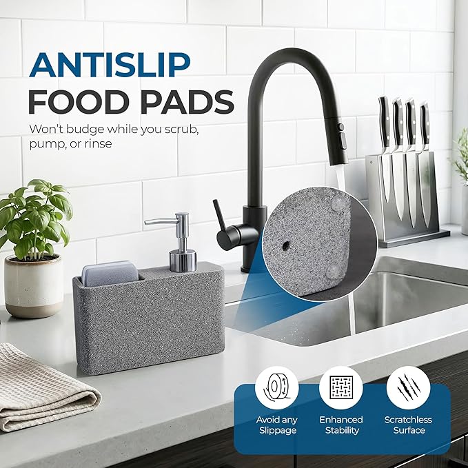 Havara Kitchen Soap Dispenser with Sponge Holder for Kitchen Sink, Hand Soap Pump & Kitchen Sink Organizer, Granite Resin Non-Slip Countertop Caddy, Stone Gray