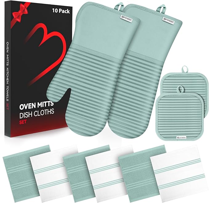 Oven Mitts and Pot Holder Sets with Silicone Grip, 500°F Heat Resistant-6 Pack Dishcloth/Dish Towels for Kitchen 100% Cotton-Value Kitchen Essentials for Cooking, Baking, Grilling-Mint Green