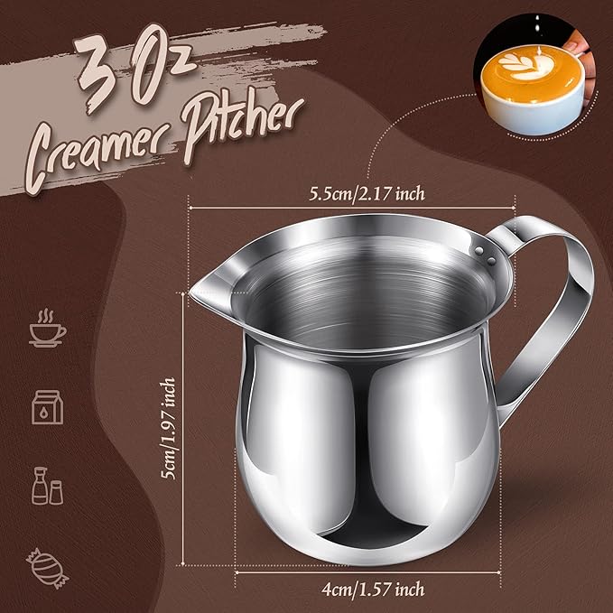Potchen 24 Pack Stainless Steel Bell Creamers 3 Ounce Creamer Pitcher Mini Coffee Milk Pitchers with Handle and Pouring Spout Cups for Serving Espresso, Tea, Milk, Maple Syrup, Sauce
