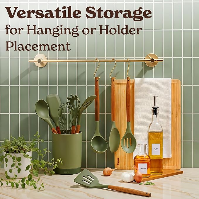 Silicone Kitchen Utensils Set & Holder: Cooking Utensils Set - Kitchen Essentials for New Home & 1st Apartment- Silicone Spatula Set, Cooking Spoons for Nonstick Cookware (Acacia Wood, Green)