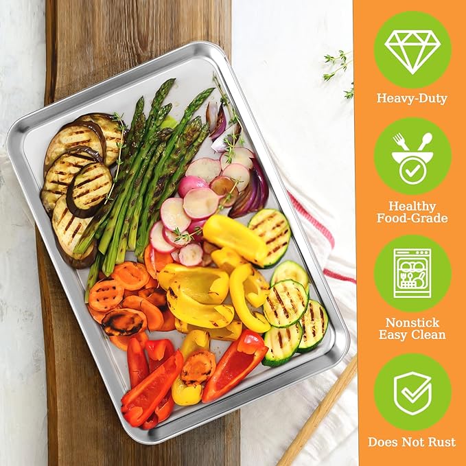 CEKEE Baking Sheet Set of 4, Stainless Steel Cookie Sheet & Baking Pan Tray, Toaster Oven Tray, Baking Pan Set, Rectangle Size 16 x 12 x 1 inch, Non Toxic, Mirror Finish & Rust Free, Dishwasher Safe
