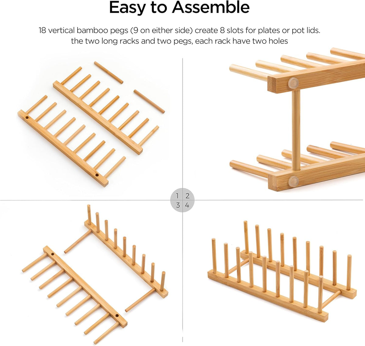 Bamboo Dish Drying Rack for Kitchen Counter and Cabinet, Dish/Book/Plate/Bowl/Cup/Cutting Board/Pot Lid Organizer for Kitchen, Living Room, Study, Display Cabinet (8 Slots)