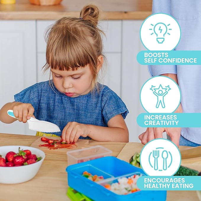 Zulay 3-Piece Kids Knife Set for Real Cooking & Baking - Toddler Knives for Cutting Fruits, Veggies, & Cake - Children’s Montessori Knife with Serrated Edges - Safe & Fun Lettuce Knife (Blue)
