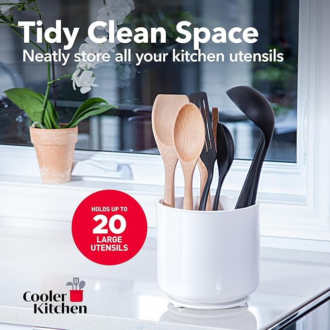 Cooler Kitchen Jumbo XL Rotating White Plastic Utensil Holder Caddy with Sturdy No-Tip Weighted Base, Removable Divider, and Gripped Insert - Dishwasher Safe Kitchen Utensil Holder for Countertop