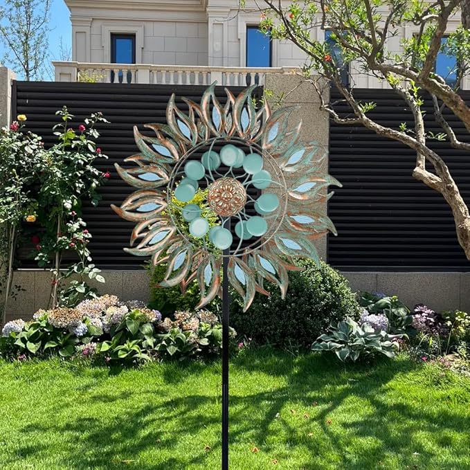 DREAMSOUL 24" Dia Large Wind Spinners Outdoor with 5 Prongs Stake, Metal Kinetic Wind Spinners for Yard and Garden