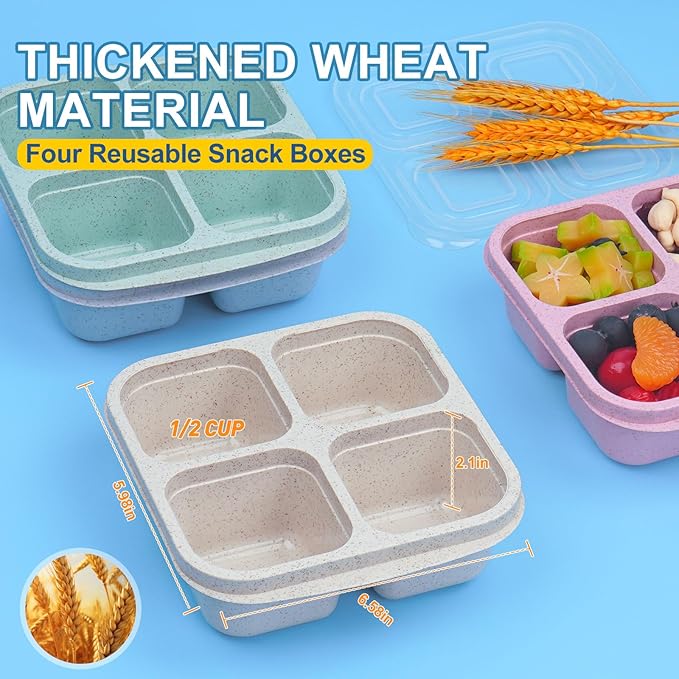 4 Pack Snack Containers, 4 Compartments Snack Box Container with Lids, Reusable Meal Prep Lunchable Container for Adults, Microwave Dishwasher Safe, Stackable Bento Snack Boxes for Work, Travel