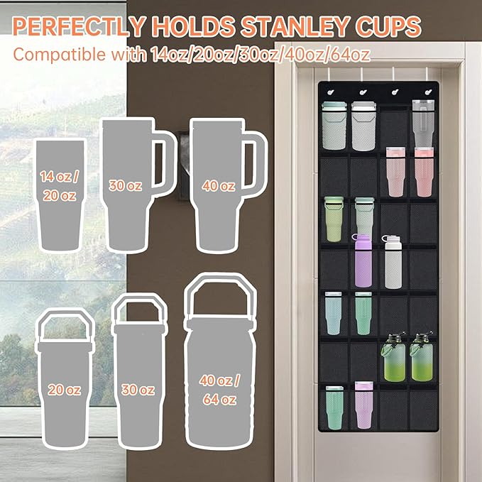 NiHome 28-Pocket Over-the-Door Organizer for Stanley Cups, Large Tumblers, Water Bottles, Travel Mugs, Lids, Space-Saving Elastic Mesh Bottle Holder for Kitchen, Pantry, RV, Cabinet Doors (Black)