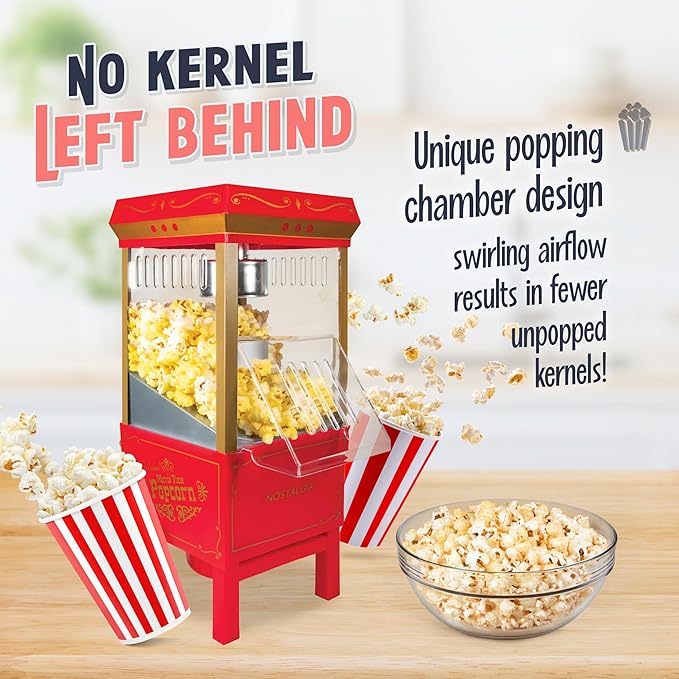 Nostalgia Vintage Hot-Air Popcorn Maker Machine - Makes Up to 12 Cups - Oil-Free - Healthier Popcorn - Classic Stand-Up Cart With Wheels - Includes Kernel Measuring Cup - Red