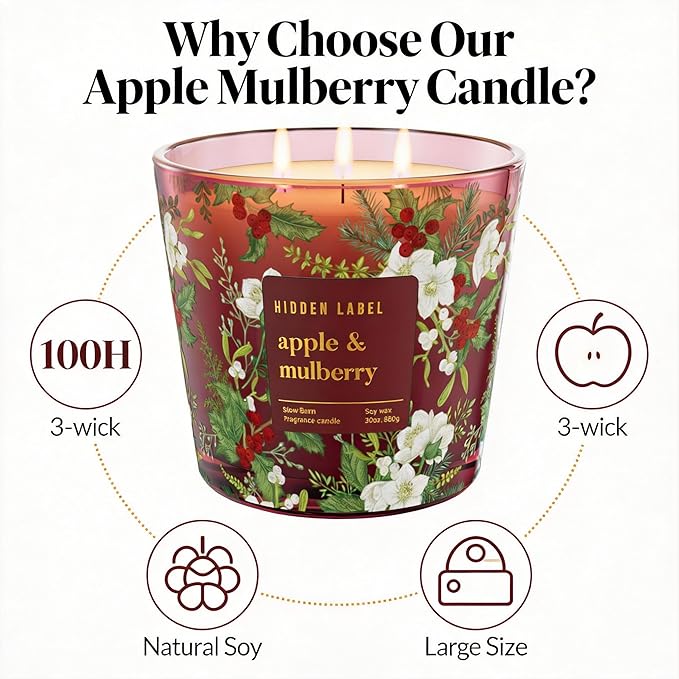 Apple Mulberry Scented Candle, 30oz 3 Wick Large Candle, 100H Long Burn Natural Soy Wax, Sweet Autumn & Winter Holiday Fragrance, Festive Gift for Women & Home Decor | Hidden Label