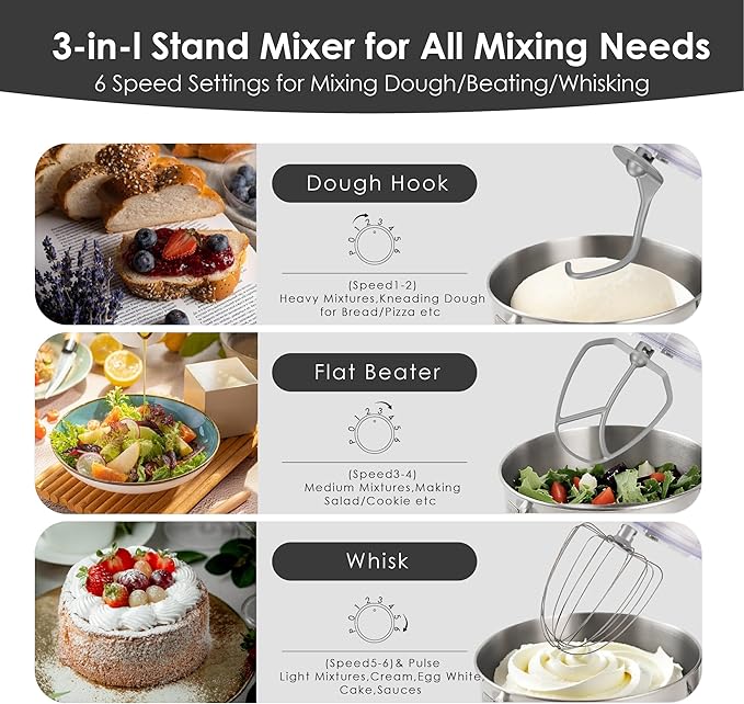 Kitchen in the box Stand Mixer - 8.5 Quart Mixing Bowl with Handle, 900 Watt Heavy Bread Dough Standing Mixers Tilt-head with Dough Hook, Whisk, Flat Beater and Splash Guard (Black)