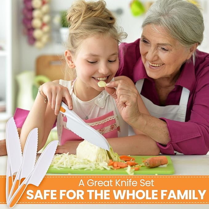 Zulay 3-Piece Kids Knife Set for Real Cooking & Baking - Toddler Knives for Cutting Fruits, Veggies, & Cake - Children’s Montessori Knife with Serrated Edges - Safe & Fun Lettuce Knife (Orange)