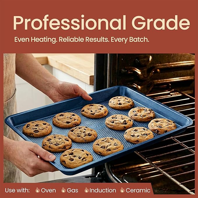 BAKKEN Kitchen Baking Pan - Small, Medium, and Large Cookie Sheet (13.58×9.65, 15.75×11, 17.91×12.60), Nonstick, Diamond Texture Bottom, PFOA, PFOS, PTFE Free, Oven Safe Tray (450°F), Pack of 3, Blue