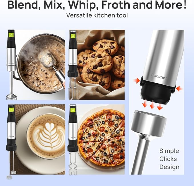 Consciot 4 in 1 Immersion Hand Blender Max 1100W, Corded Stick Emulsifier with Entire Stainless Steel Blender Shaft, Trigger Speed Control, For Blending, Beating, Frothing, Mixing & More, Non-BPA