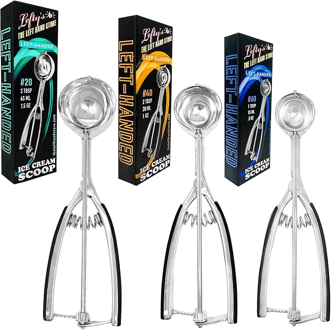Lefty’s Left handed Ice Cream Scoop Set of 3 - #20, 40, 60 Portion Kitchen Tools - Great for Scooping & Portioning Cookies, Meatballs, Cupcakes - Gifts for Left-Handed, Lefty, Adults, Chefs and Women