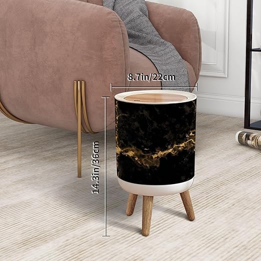 Trash Can with Lid Marble black wall surface gold graphic abstract light elegant black Press Top Round Small Garbage Bin with Wooden Legs Waste Basket for Kitchen Bedroom Nursery 7L/1.8 Gallon